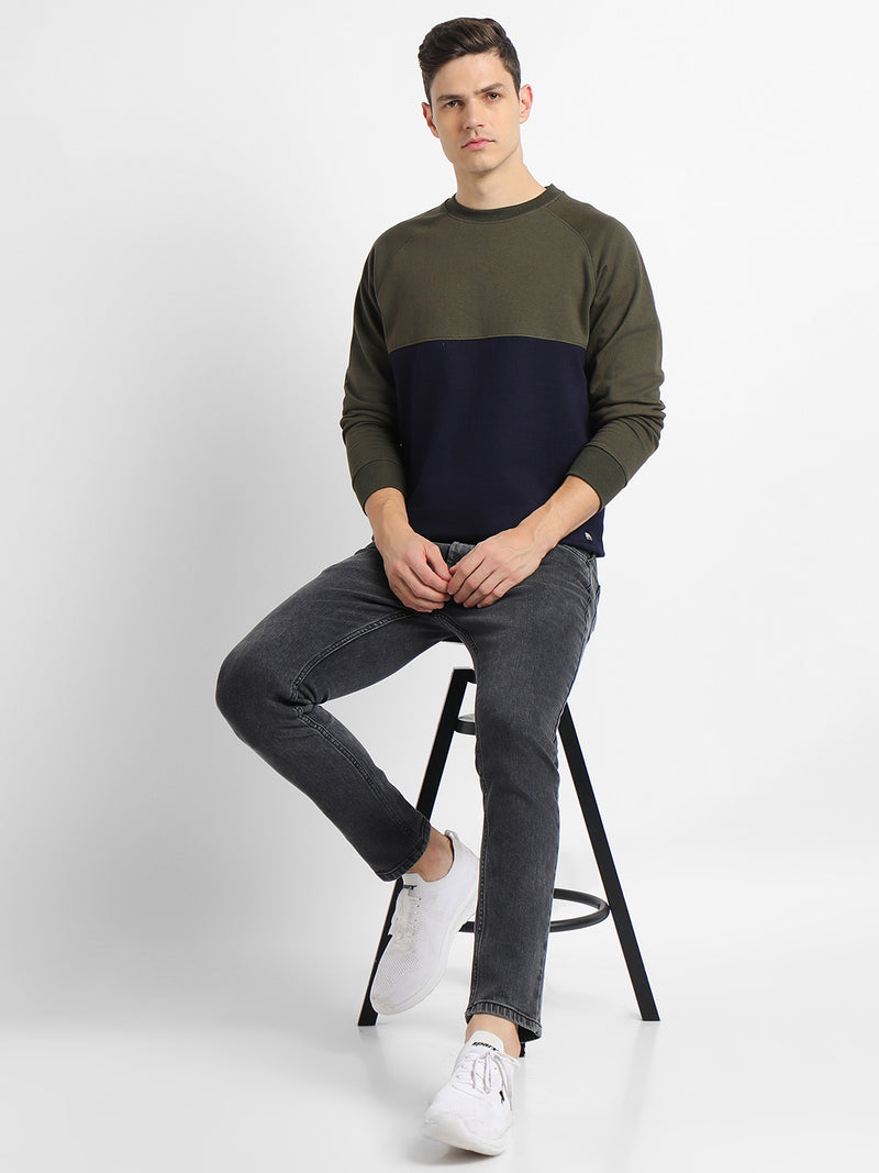 Dennis Lingo Men's Mock Neck Regular Fit Colourblock Olive Sweatshirt