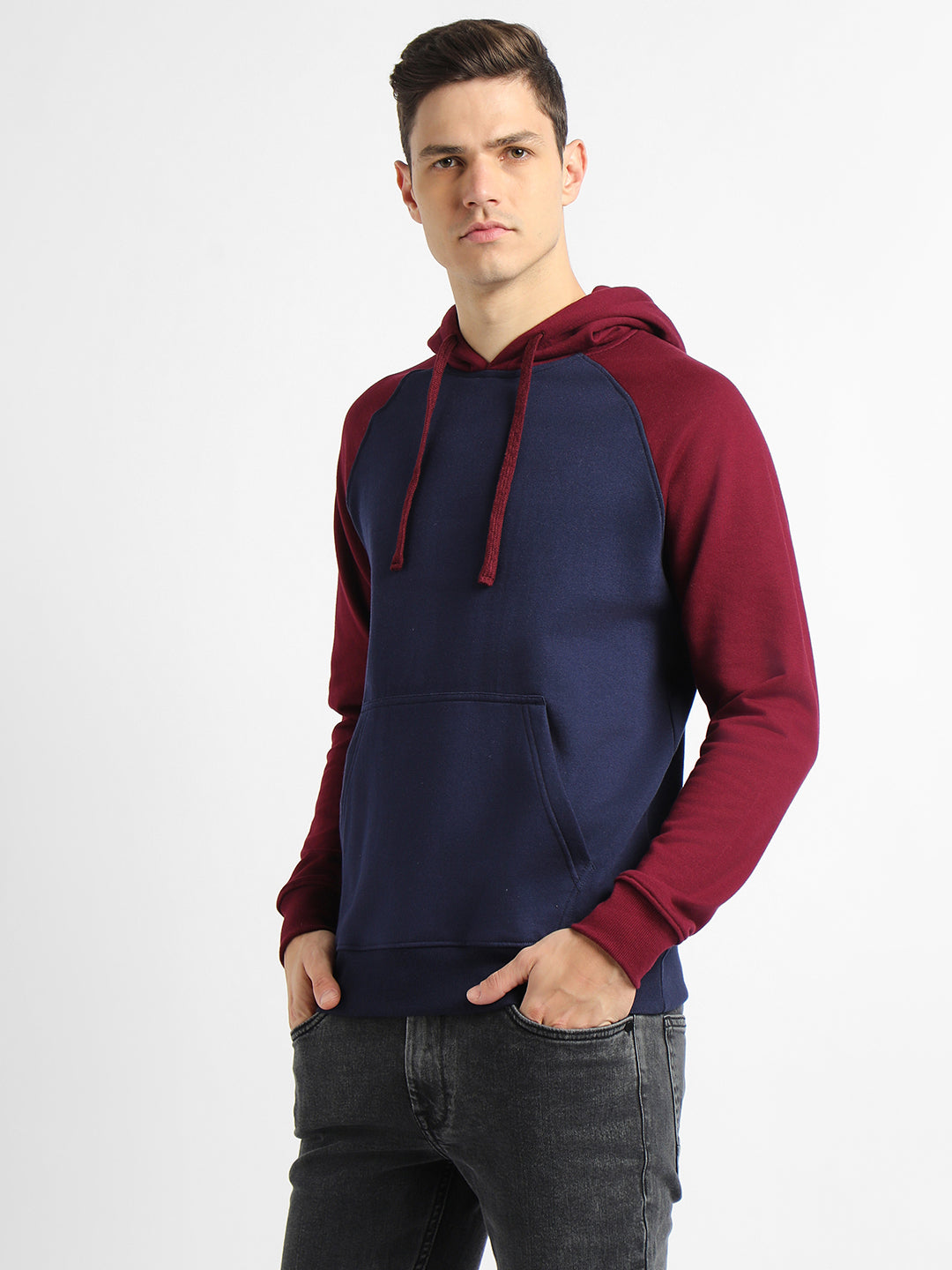 Men's Navy Colourblocked Full Sleeves Hoodie