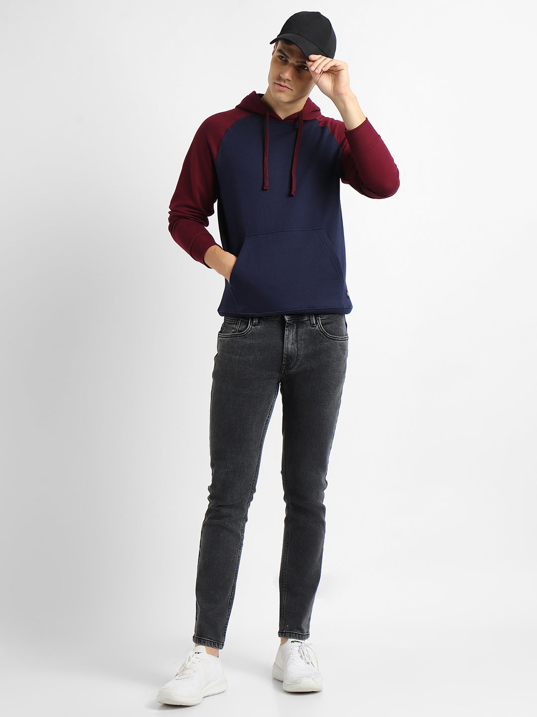 Men's Navy Colourblocked Full Sleeves Hoodie