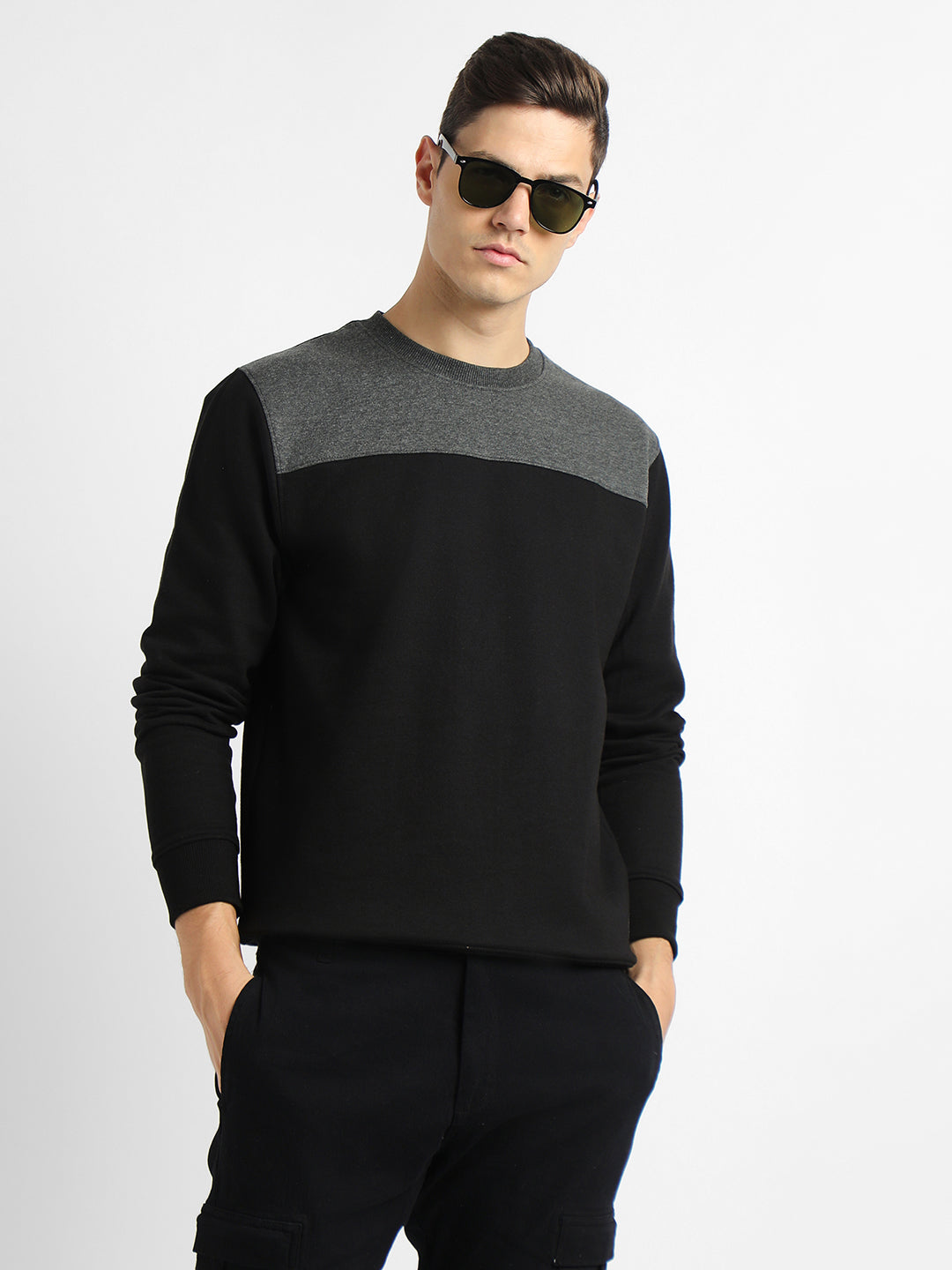 Dennis Lingo Men's Mock Neck Regular Fit Colourblock Black Sweatshirt