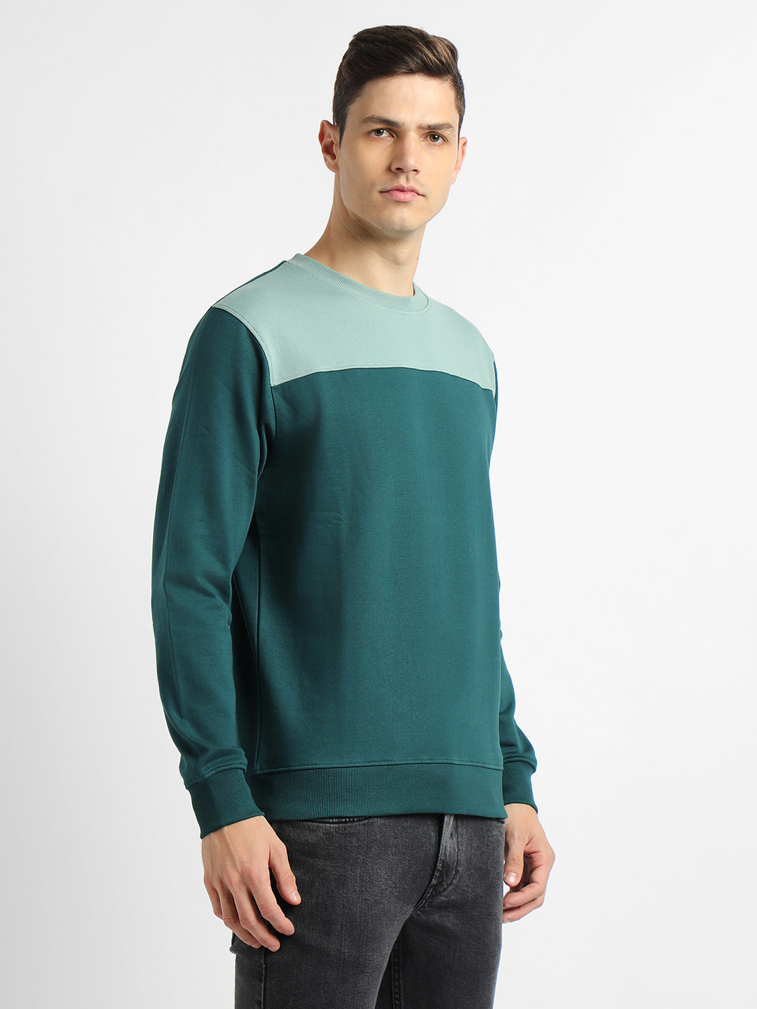 Men's Round Neck Regular Fit Colourblock Teal Sweatshirt