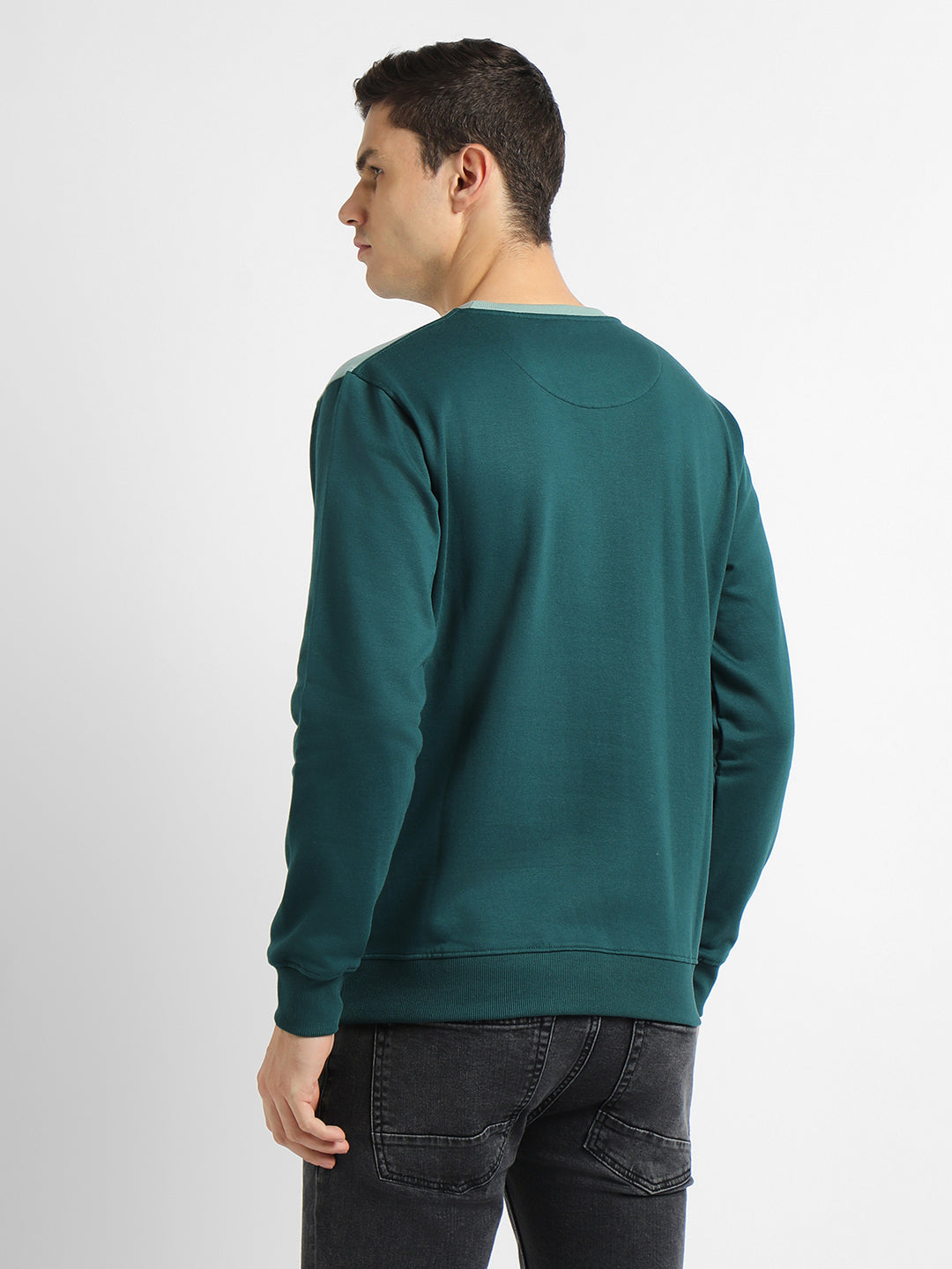 Men's Round Neck Regular Fit Colourblock Teal Sweatshirt