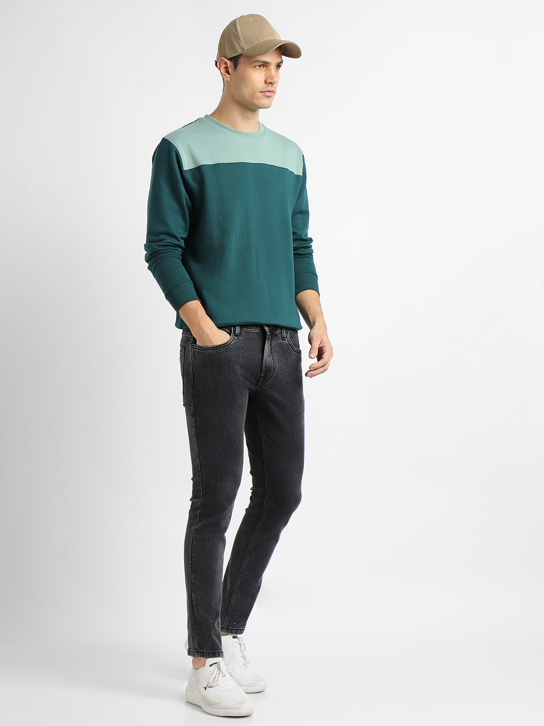 Men's Round Neck Regular Fit Colourblock Teal Sweatshirt