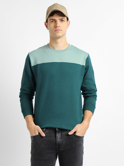 Dennis Lingo Men's Mock Neck Regular Fit Colourblock Teal Sweatshirt
