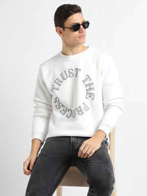 Men's Mock Neck Regular Fit Chest Print White Sweatshirt