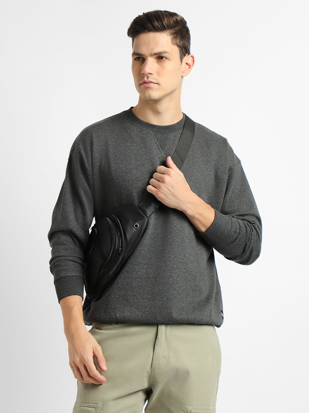 Dennis Lingo Men's Mock Neck Relaxed Fit Solid Dark Grey Sweatshirt