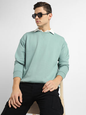 Men's Round Neck Relaxed Fit Solid Sea Green Sweatshirt