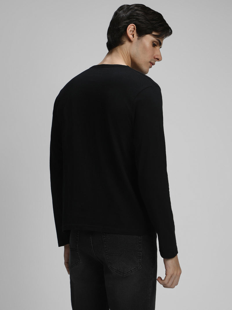 Men's Black Solid Full Sleeves Henley neck Casual T-Shirt