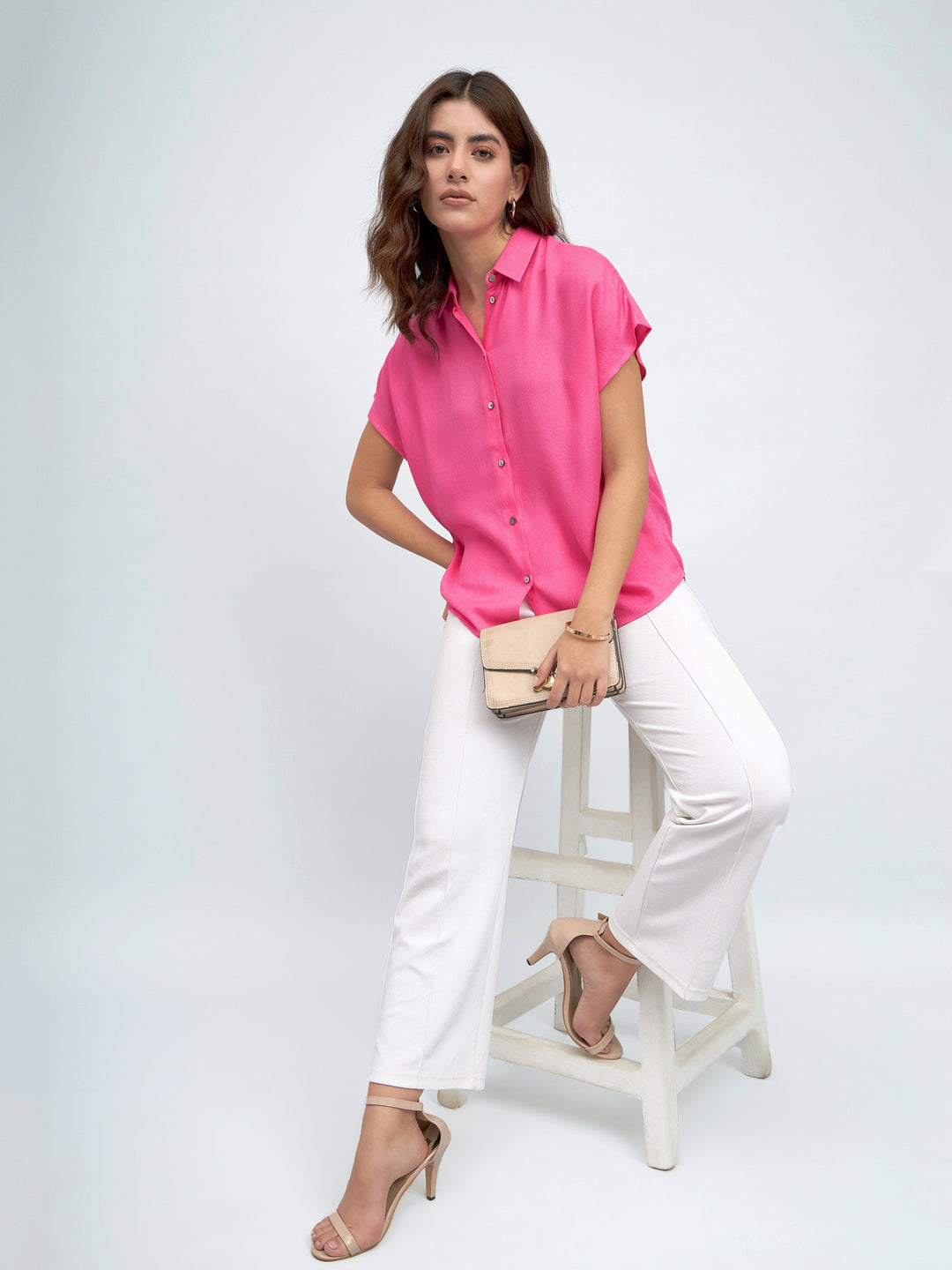 Women Spread Collar Relaxed Fit Solid Pink Shirt