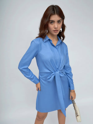 DL Woman Shirt Collar Regular Fit Solid Blue Tie-Up Dress