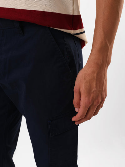 Men's Navy Blue Solid Slim Fit Cargo Trouser