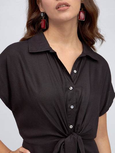 DL Woman Black Shirt Collar Tie Ups Shirt Dress
