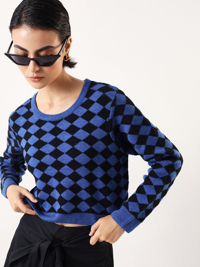 DL Woman Diamond Checks Round Neck Full Sleeves Sweater