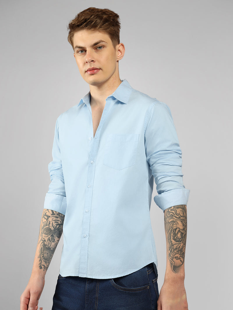 Men's Cotton Sky Blue Solid Casual Shirt