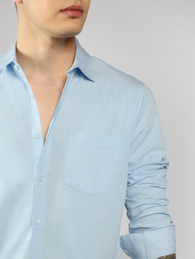 Men's Cotton Sky Blue Solid Casual Shirt