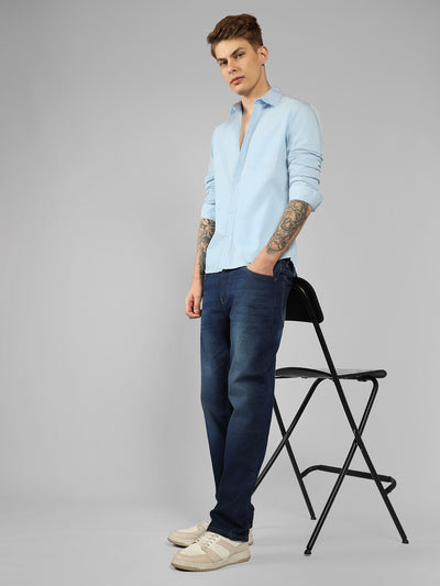 Men's Cotton Sky Blue Solid Casual Shirt