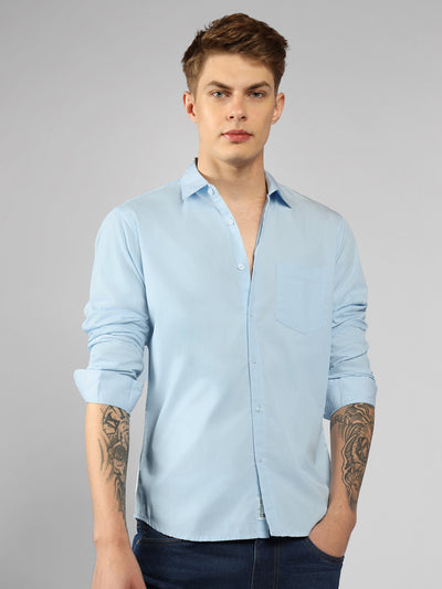 Men's Cotton Sky Blue Solid Casual Shirt