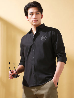 Men Black Solid Spread Collar Embroidered Shirt