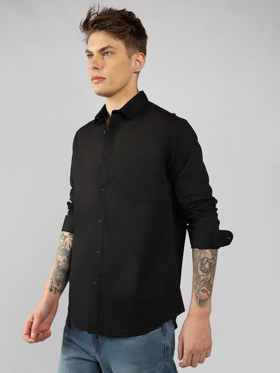 Men's Cotton Black Solid Casual Shirt