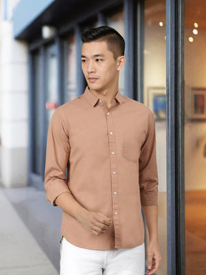 Men's Solid Camel Brown Slim Fit Cotton Casual Shirt