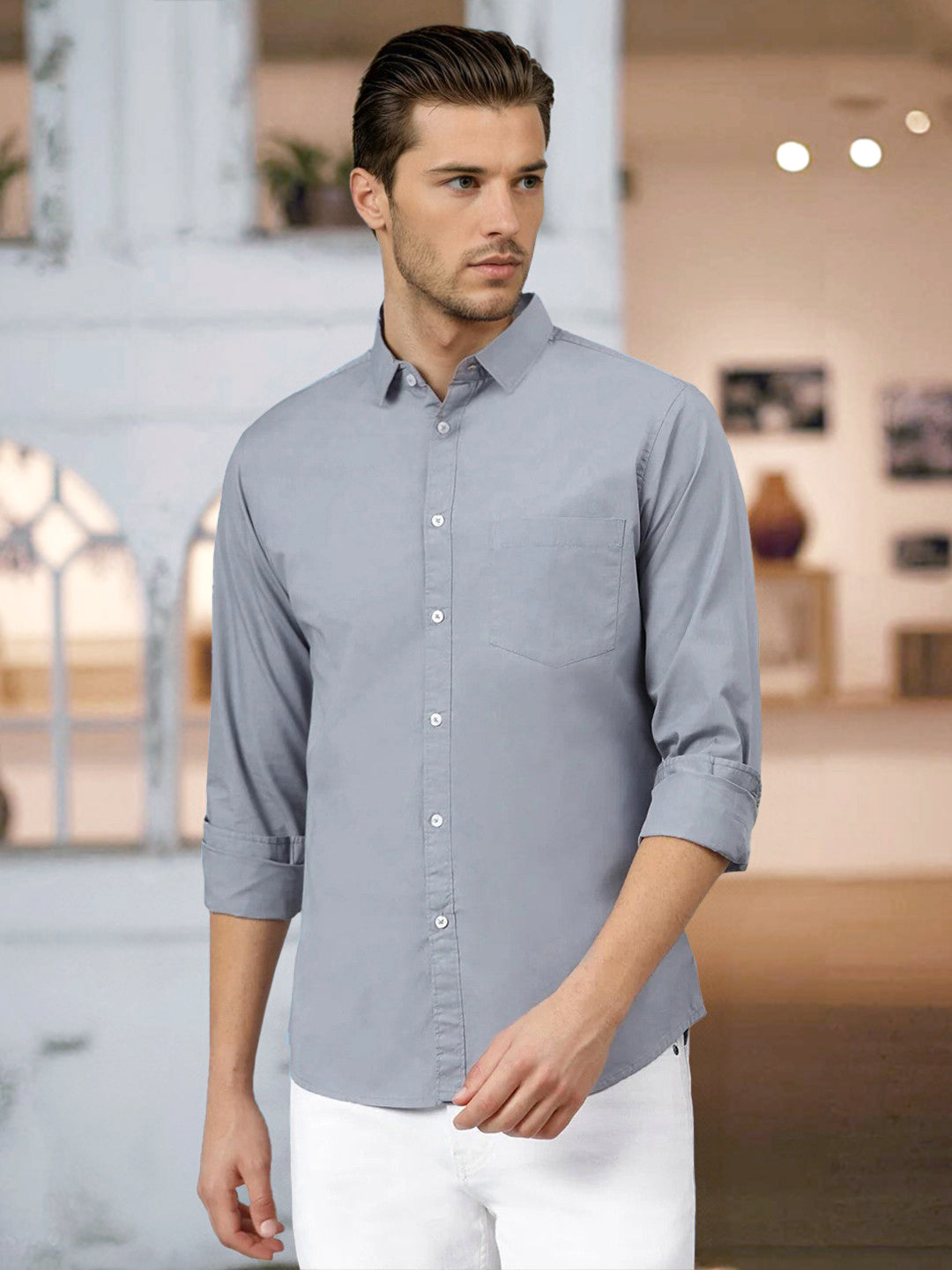 Men's Solid Sea Blue Slim Fit Cotton Casual Shirt – DENNIS LINGO
