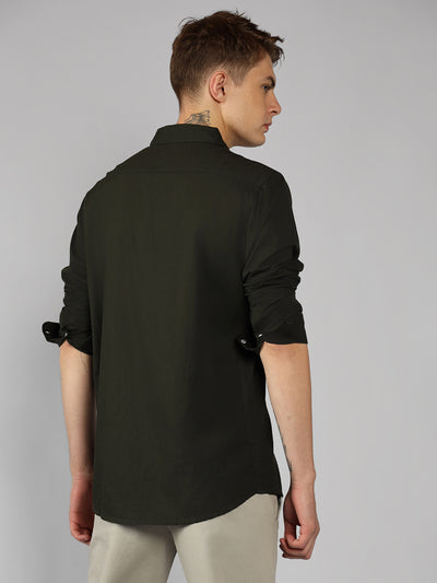 Men's Cotton Olive Green Solid Casual Shirt