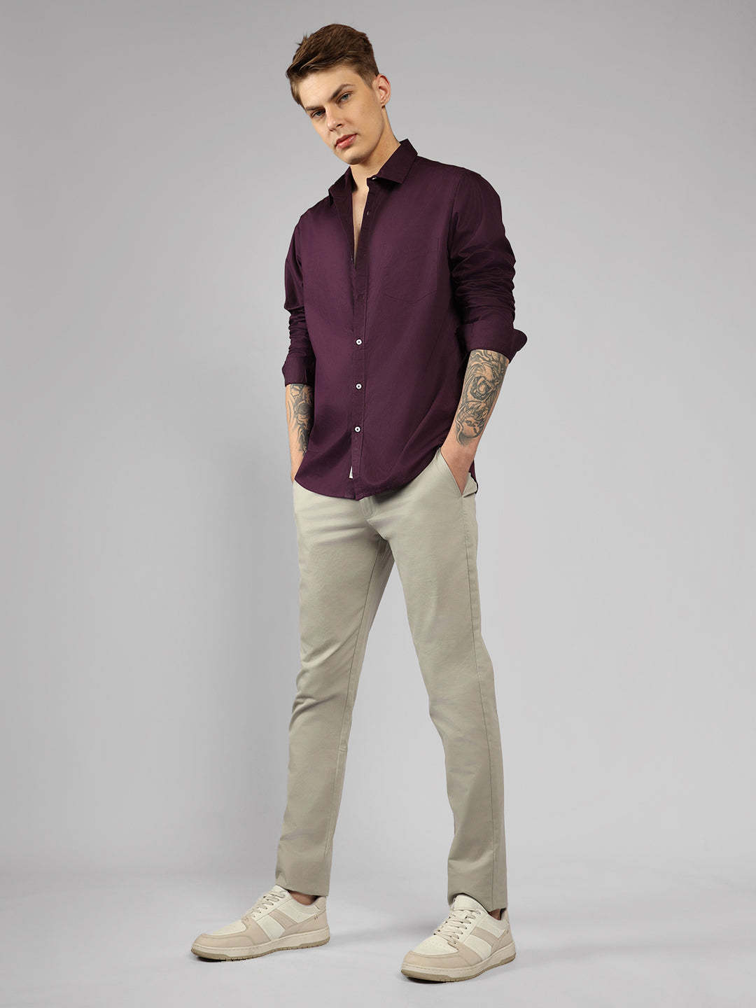 Men's Cotton Purple Solid Casual Shirt