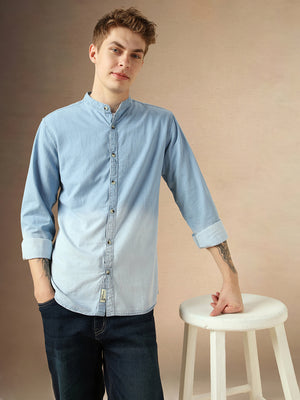 Men's Cotton Denim Casual Shirt With Mandarin Collar