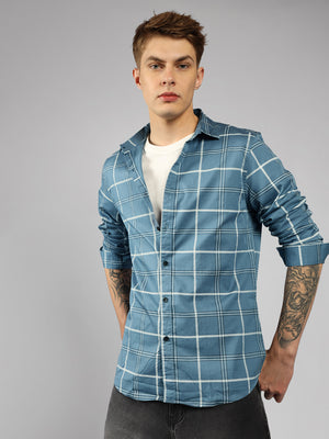 Men's Cotton Window Pane Checkered Slim Fit Casual Shirt