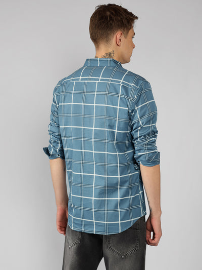 Men's Cotton Window Pane Checkered Slim Fit Casual Shirt
