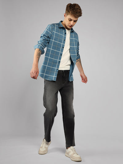 Men's Cotton Window Pane Checkered Slim Fit Casual Shirt