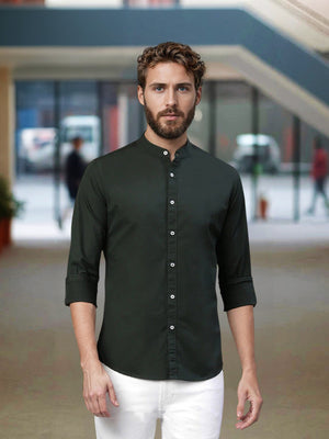Men's Cotton Solid Mandarin Collar Slim Fit Casual Shirt