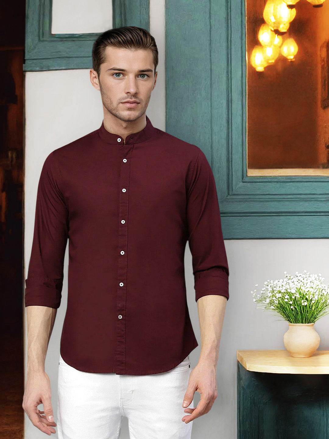 Men's Solid Mandarin Collar Burgundy Casual Shirt