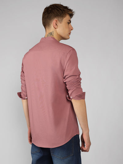 Men's Solid Mandarin Collar Dusty Pink Casual Shirt
