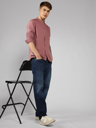 Men's Solid Mandarin Collar Dusty Pink Casual Shirt