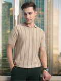 Men's Beige Striped Polo Collar Half Sleeves Flat Knit T-shirt