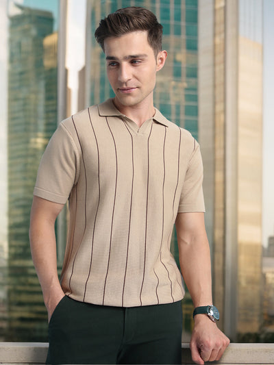 Men's Beige Striped Polo Collar Half Sleeves Flat Knit T-shirt