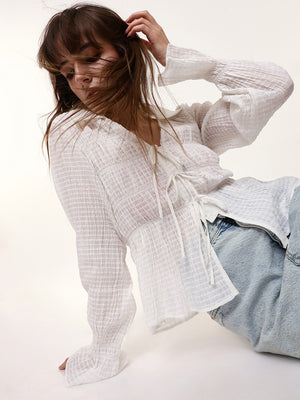 Smocked Ruched Front Tie Top