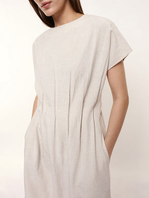 Woman Beige Regular Fit Round Neck Straight Sinched Pleated Waist With Cap Sleeves Tops