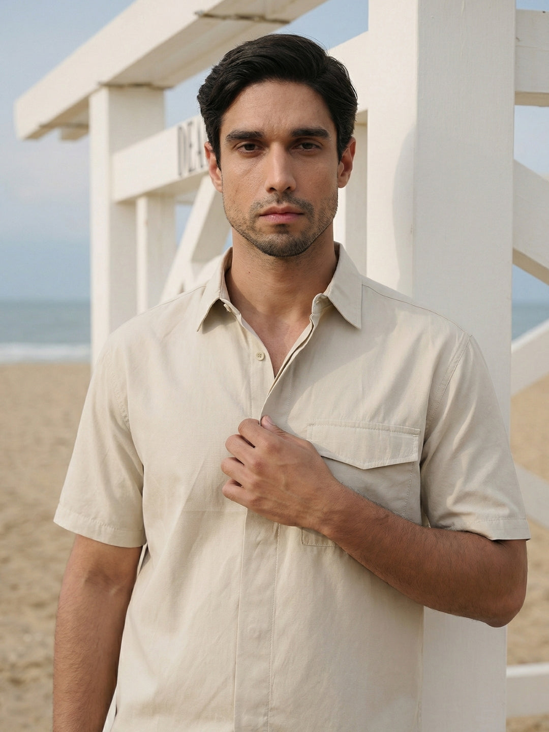 Boxy fit half sleeve cotton blend shirt with patch pocket