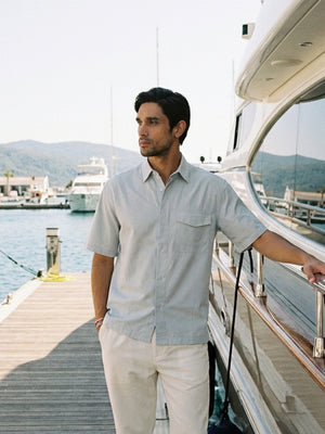Boxy fit half sleeve cotton blend shirt with patch pocket