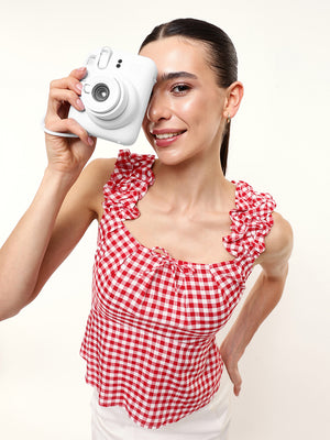 Scruched sleeve checkered Gingham smocked top