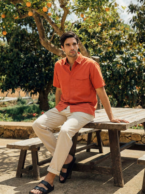 Boxy fit half sleeve cotton blend shirt with patch pocket