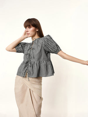 Woman Striped Boxy Fit Puff Sleeves Round Neck Tie Up Top