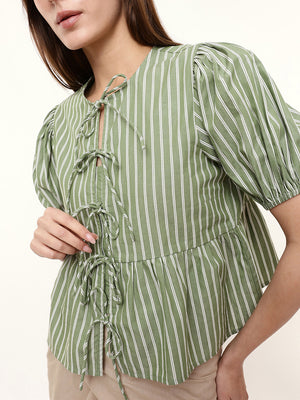 Woman Striped Boxy Fit Puff Sleeves Round Neck Tie Up Top