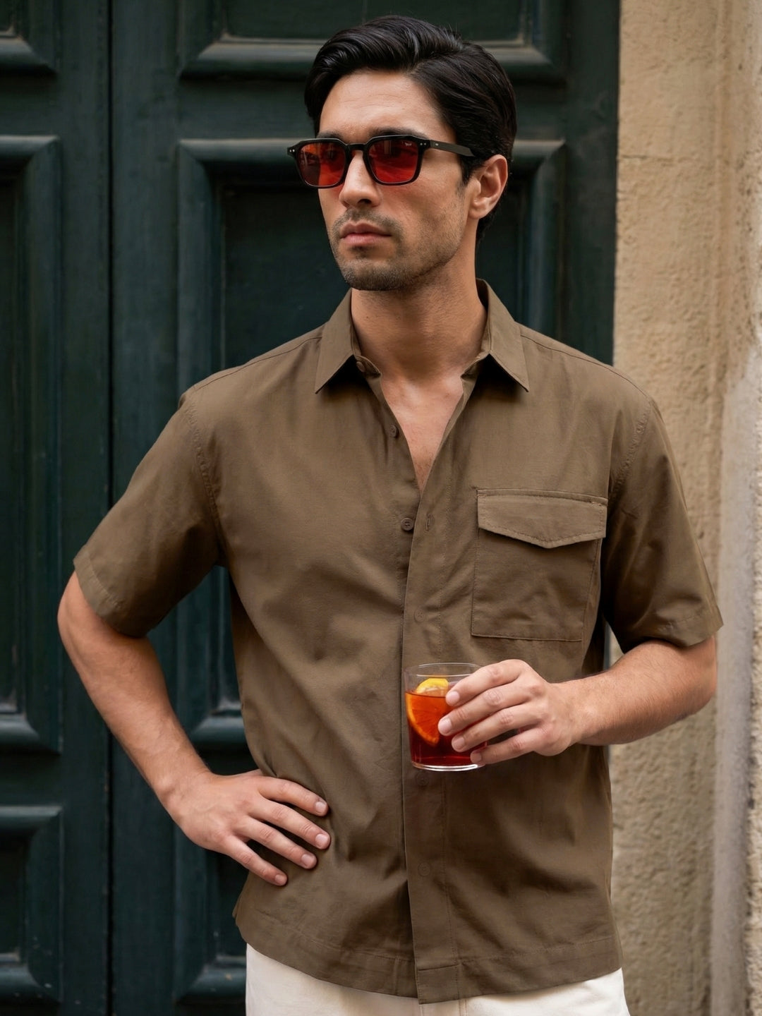 Boxy fit half sleeve cotton blend shirt with patch pocket