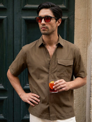 Boxy fit half sleeve cotton blend shirt with patch pocket