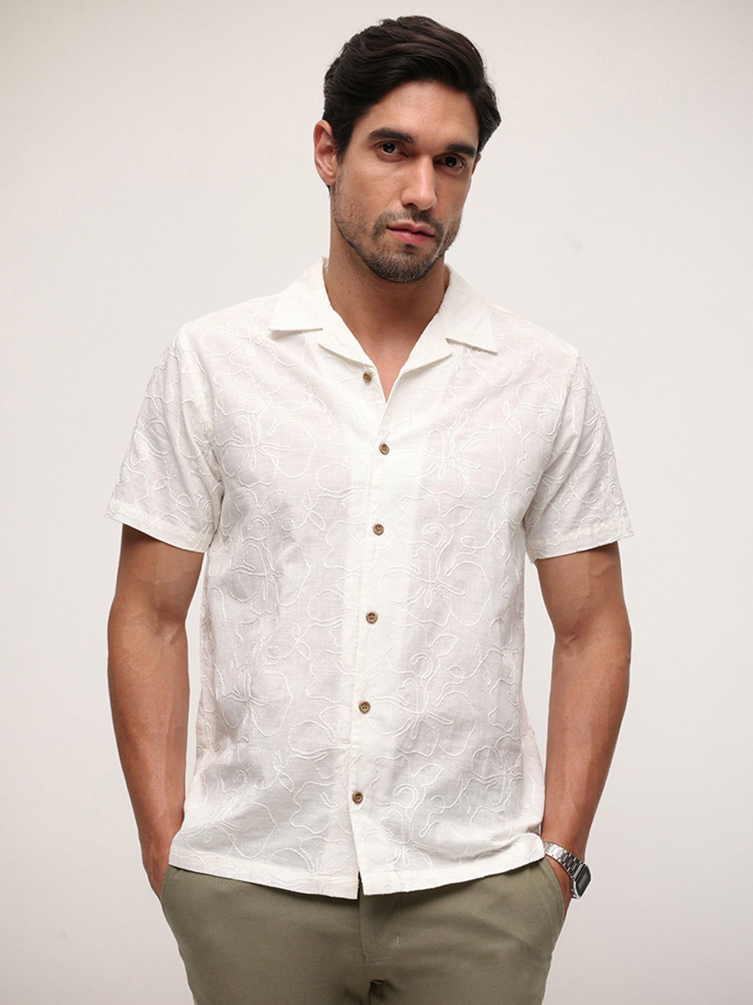 Men Cotton Embriodered Relaxed fit Cuban collar Shirts