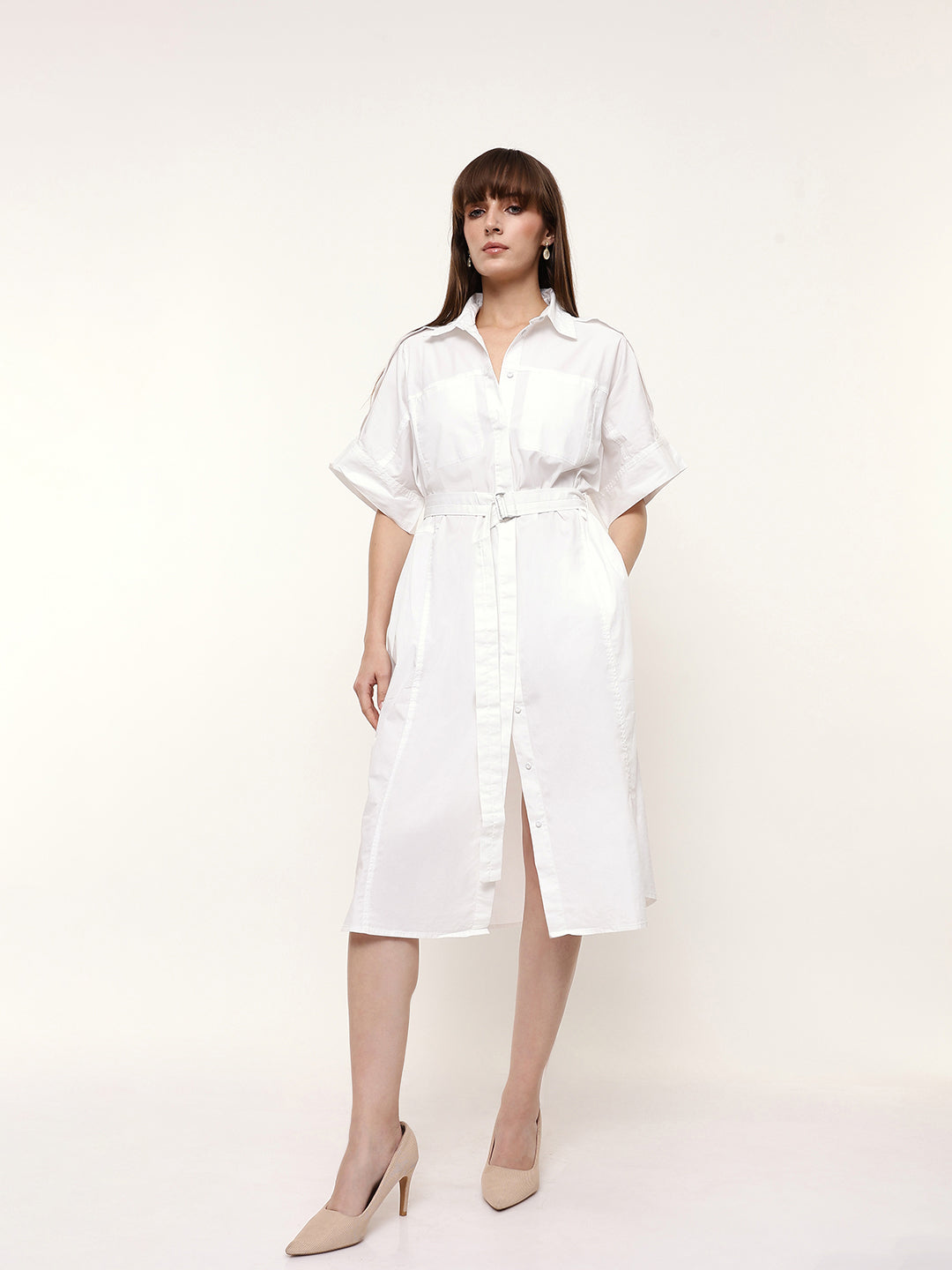 Adjustable Self Belt Shirt Dress