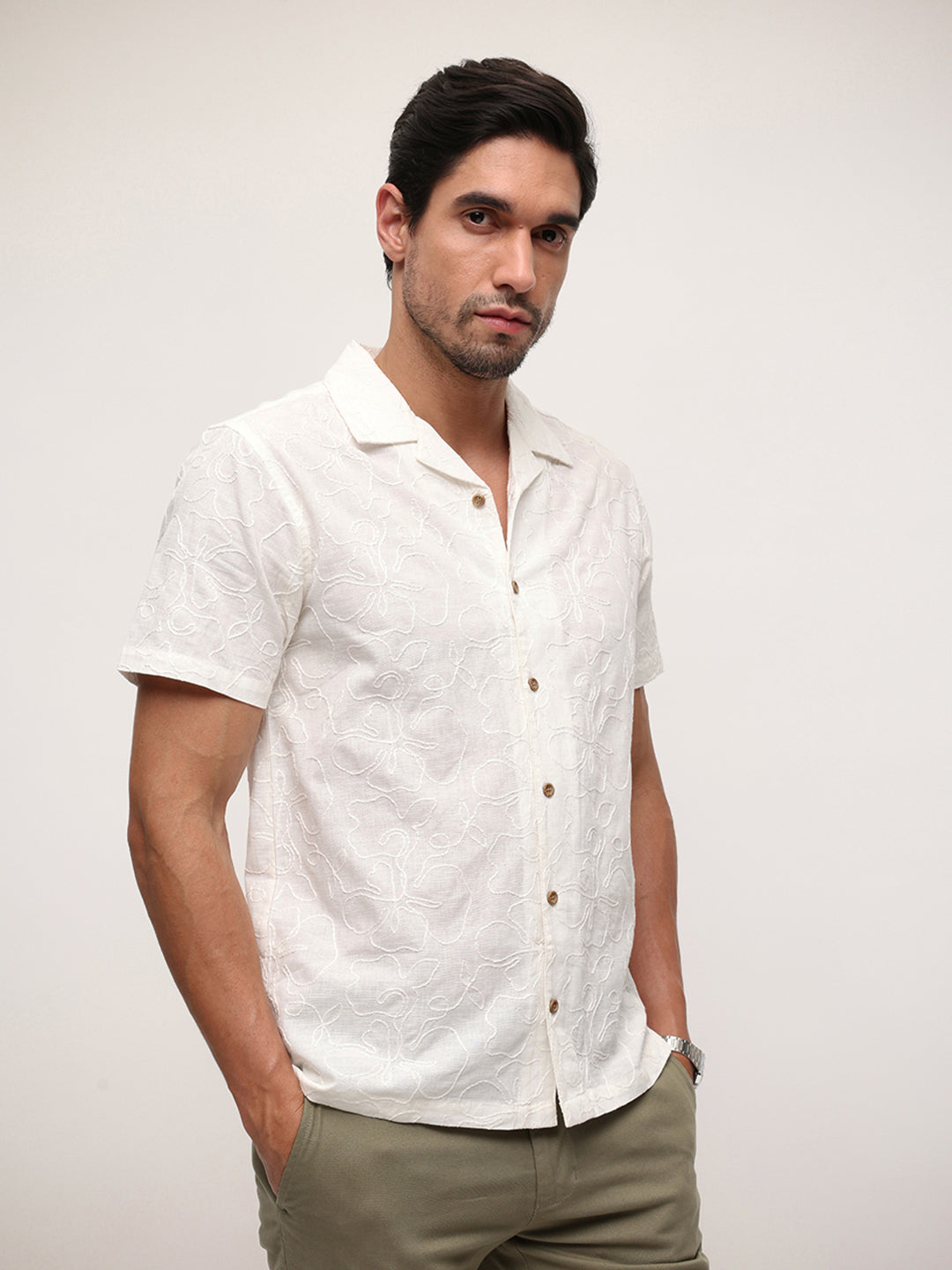 Men Cotton Embriodered Relaxed fit Cuban collar Shirts
